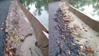 মাধবদীতে নির্মাণ কাজ শেষ না হতেই ভেঙ্গে গেলো গাইডওয়াল ও রাস্তা