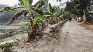 সরকারি রাস্তাকে পুকুরের পাড় বানিয়ে খনন, ভেঙে পড়ার আশঙ্কা